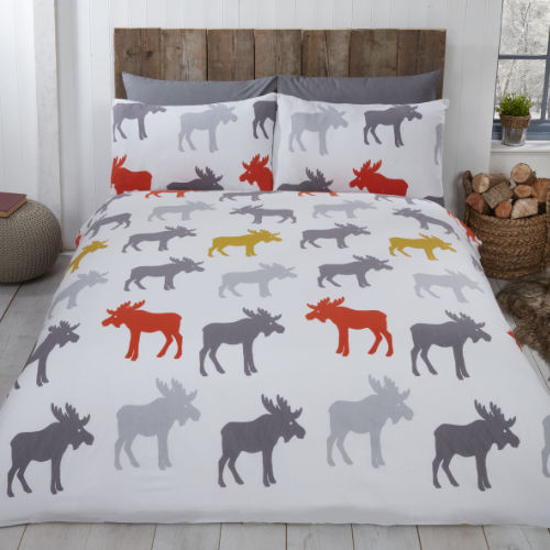 Brushed cotton moose design king size duvet cover set with matching pillowcases, cosy woodland bedding in bright tones
