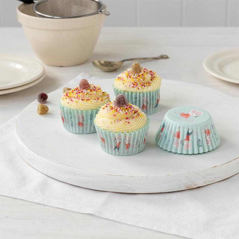 set of dancing mice paper cupcake cases shown stacked ready for children baking