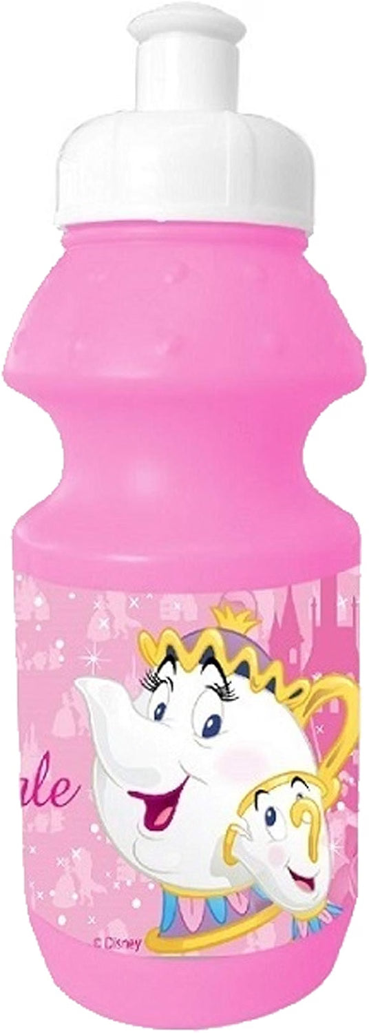 pink disney beauty and the beast sports bottle featuring mrs potts and chip