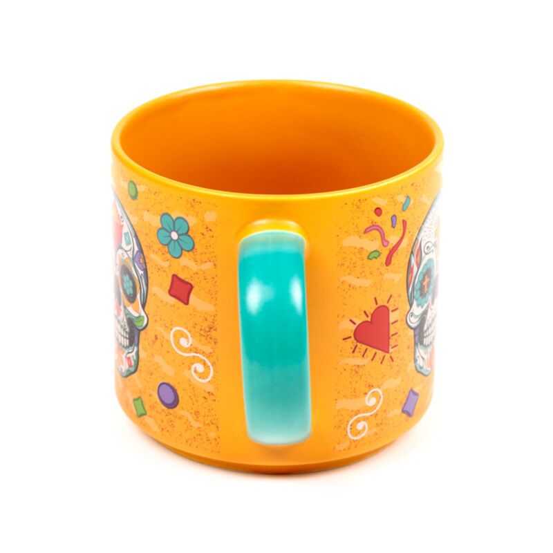 rear view of day of the dead porcelain mug showing handle