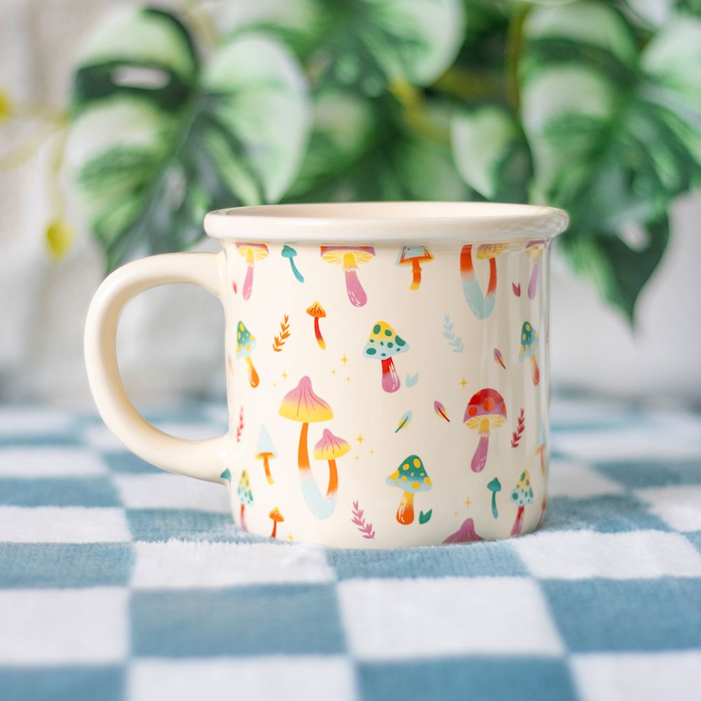 colourful funky fungi ceramic mushroom mug with bright retro design and 350ml capacity