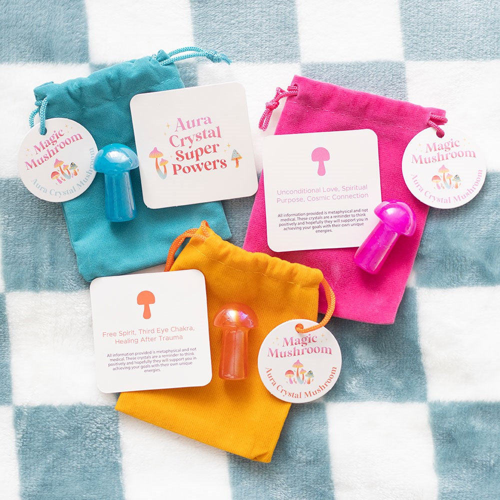 colourful aura mushroom pocket crystal with matching drawstring pouch and information card