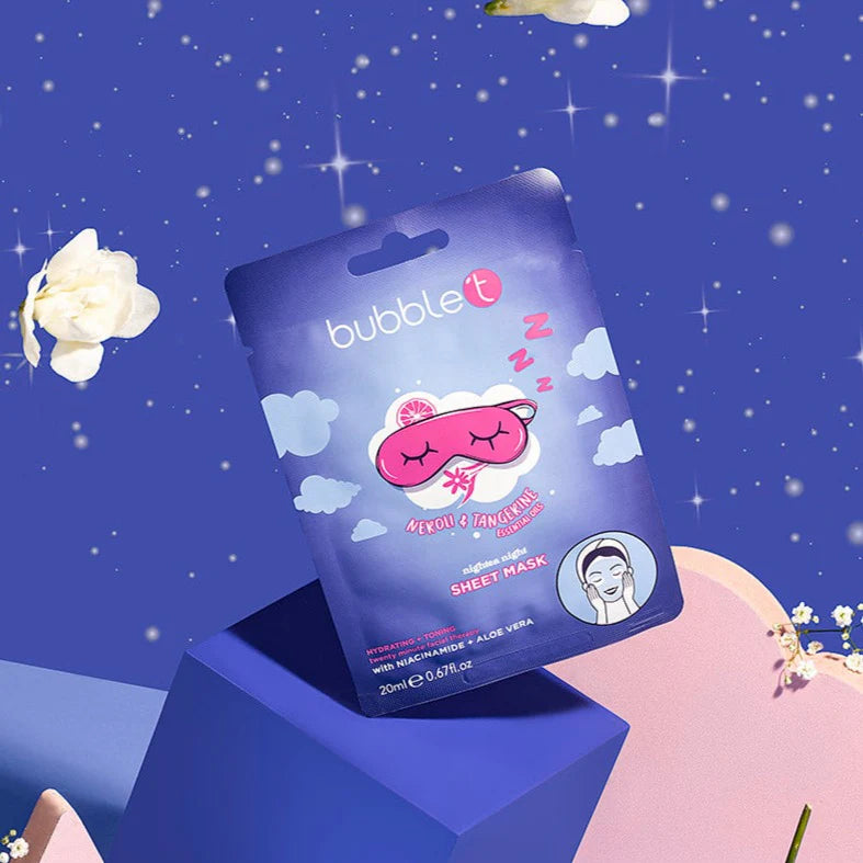 bubble t neroli and tangerine hydrating sheet mask on a flat surface with packaging