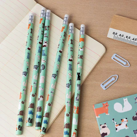 cat hb pencils set of 6, comic book-inspired design, ideal for writing and sketching, perfect for school or creative use