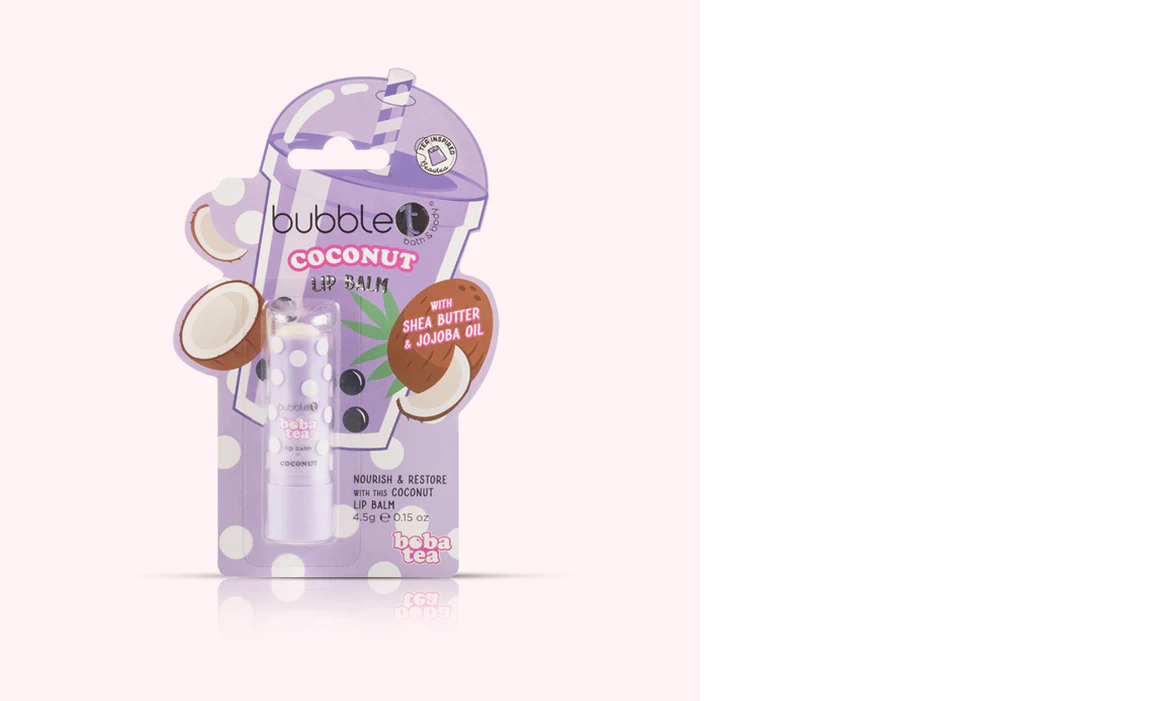 bubble t boba tea coconut lip balm 4.5g with tropical coconut design and compact size