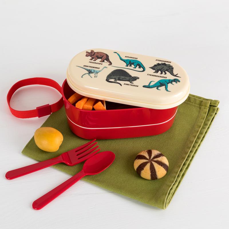 Children’s dinosaur bento lunch box with compartments, knife and fork, BPA-free kids packed lunch box with dinosaur design