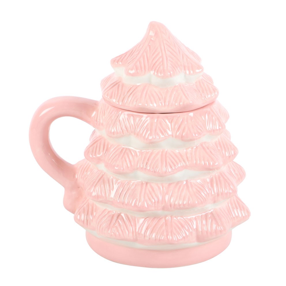 pink christmas tree shaped mug with removable lid in place