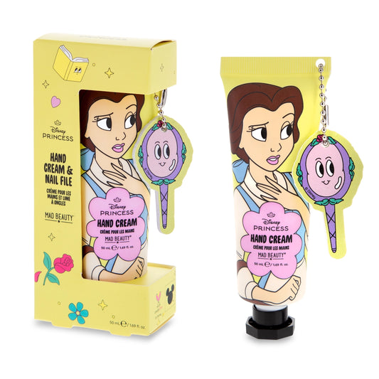 boxed disney princess belle hand cream beside unboxed cream with nail file
