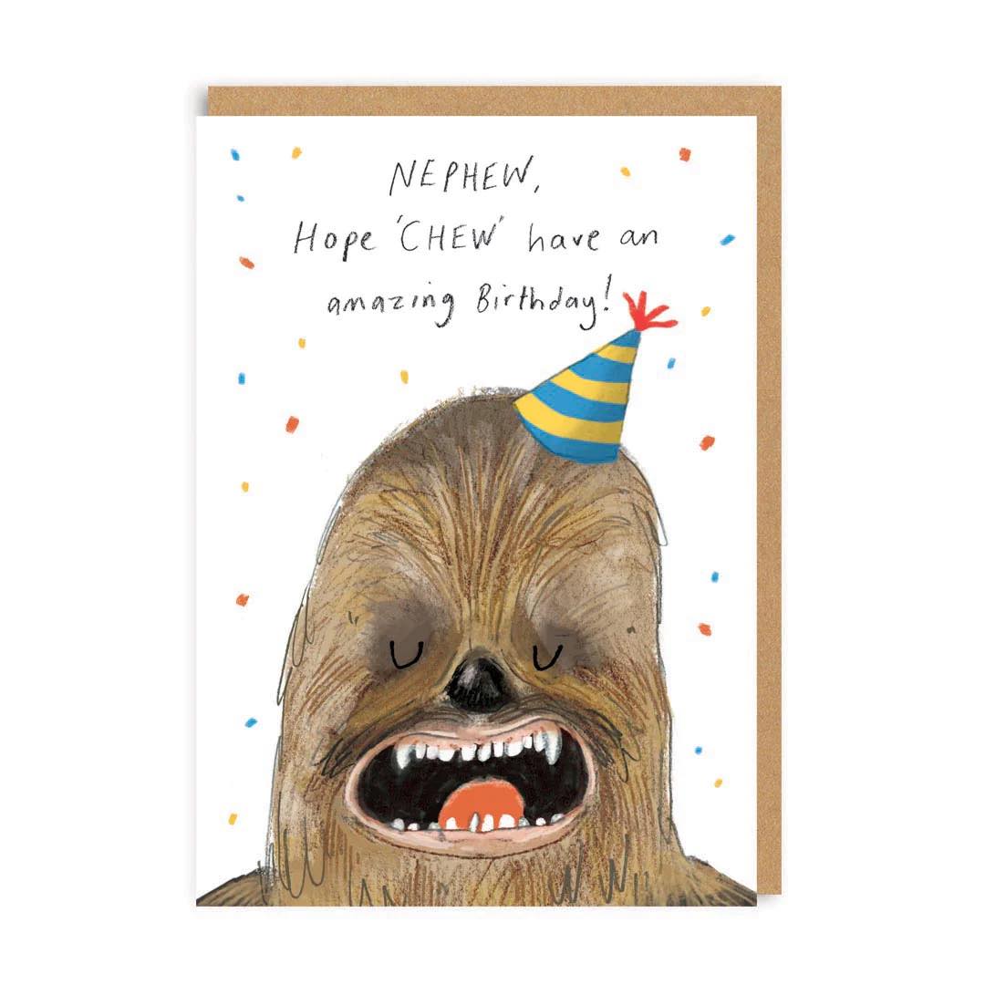 cartoon chewbacca style nephew birthday card with humorous pop culture illustration