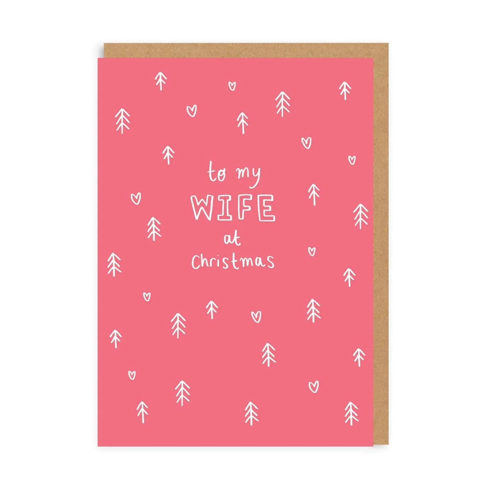 to my wife christmas card, christmas trees and hearts design with bright pink neon finish for festive occasion