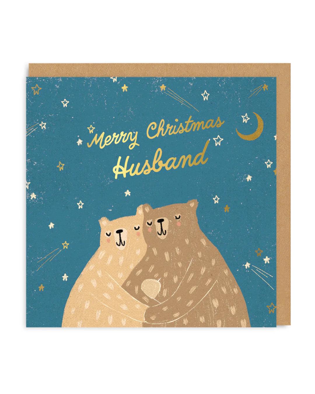 christmas card for husband featuring two cuddling bears festive illustration and envelope