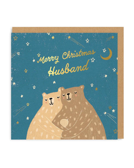 christmas card for husband featuring two cuddling bears festive illustration and envelope