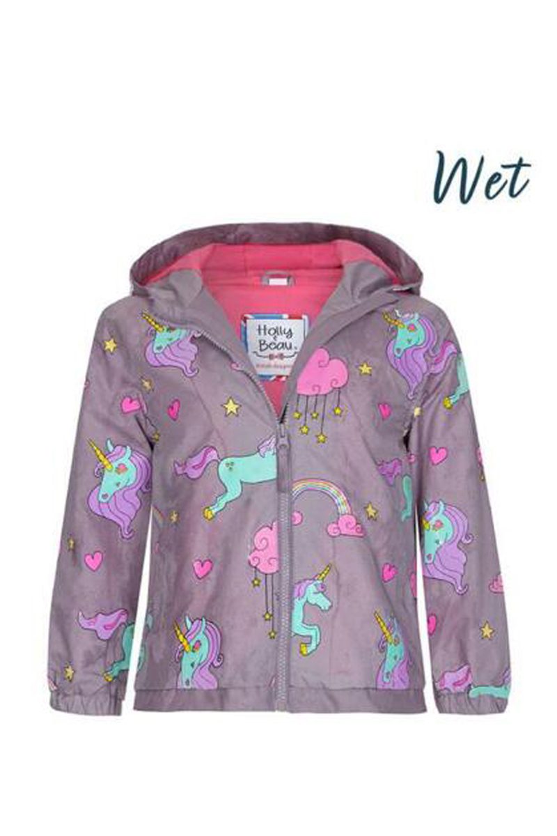 childrens colour changing unicorn raincoat showing shape hood and fastenings