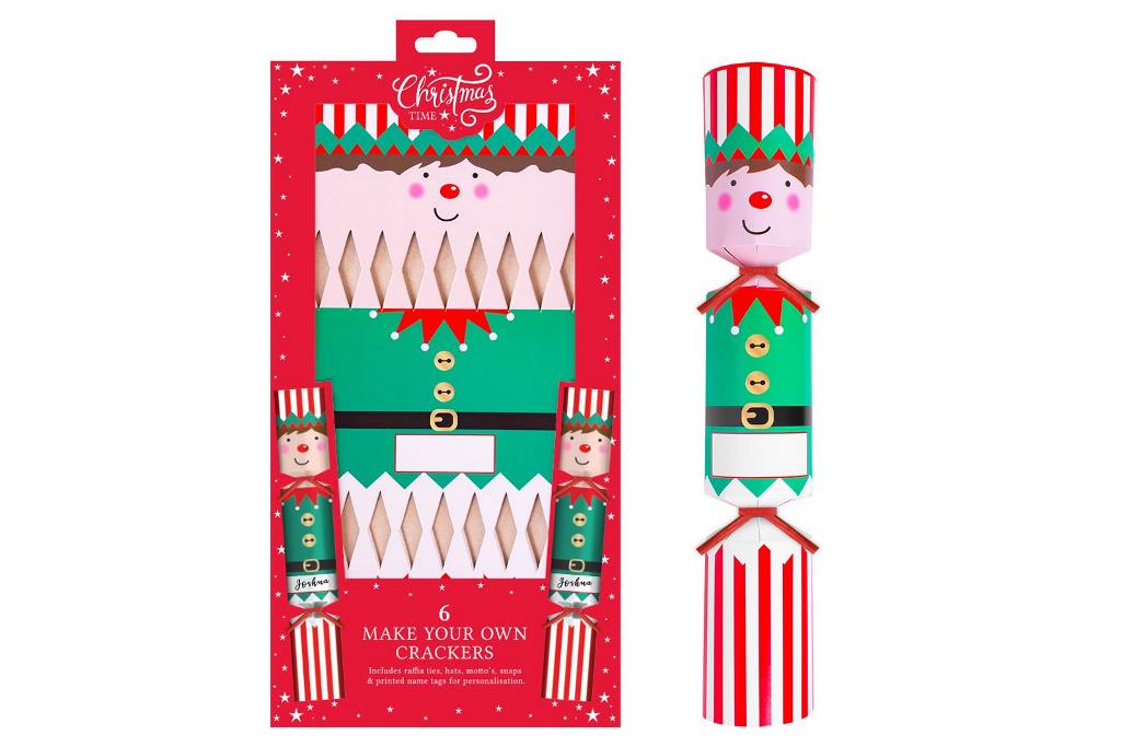 christmas crackers 6 make your own elf red stripes set, DIY kit with elf theme and red-striped design, includes instructions for customising crackers