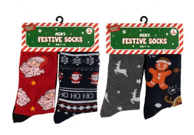 christmas festive men’s socks 2 pack red & black santa, classic santa design, available in UK sizes 6–8 and 9–12, ideal for christmas gifting or lounging