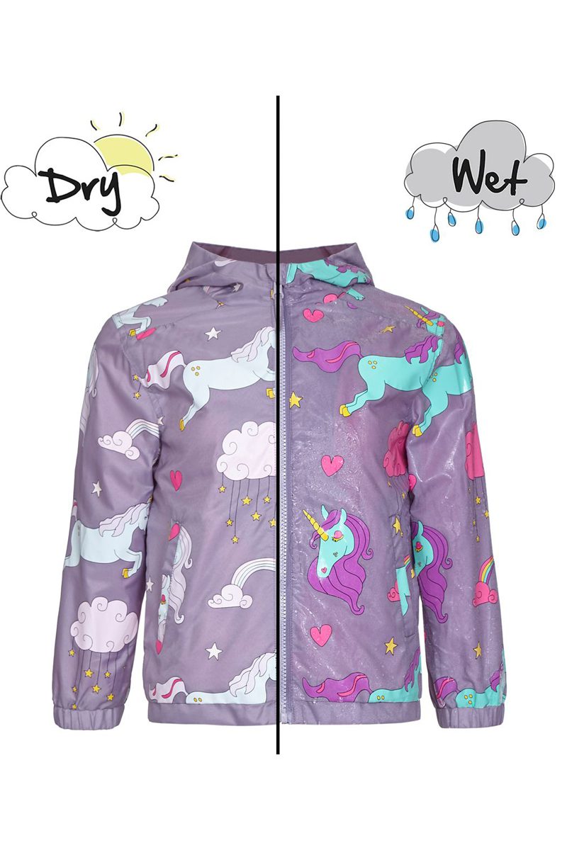childrens unicorn raincoat showing colour change effect when wet compared to dry fabric