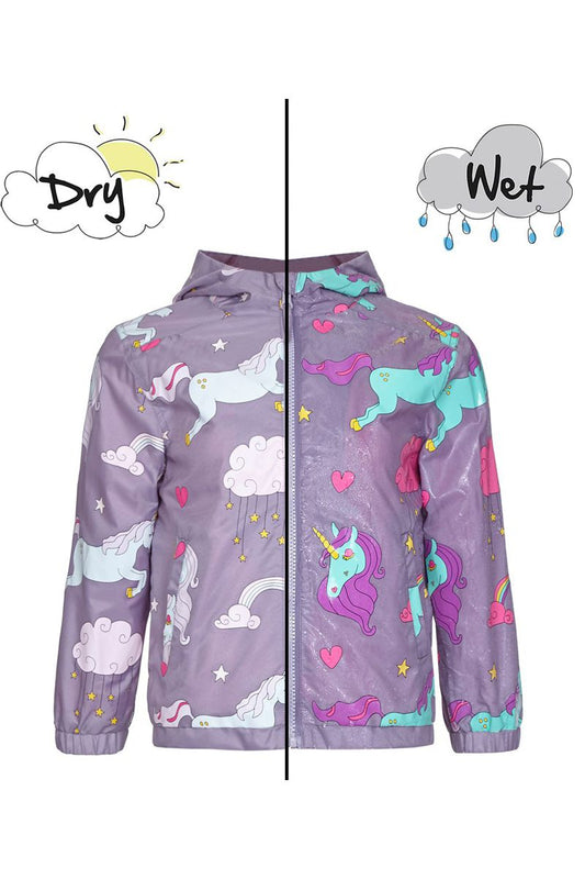childrens unicorn raincoat showing colour change effect when wet compared to dry fabric