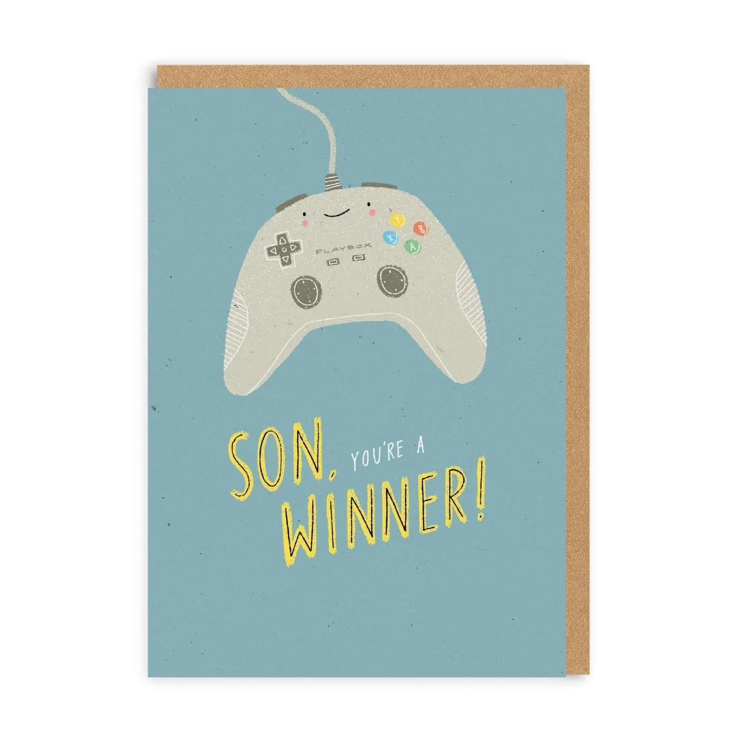 son youre a winner greeting card with bold encouraging text and playful gaming design