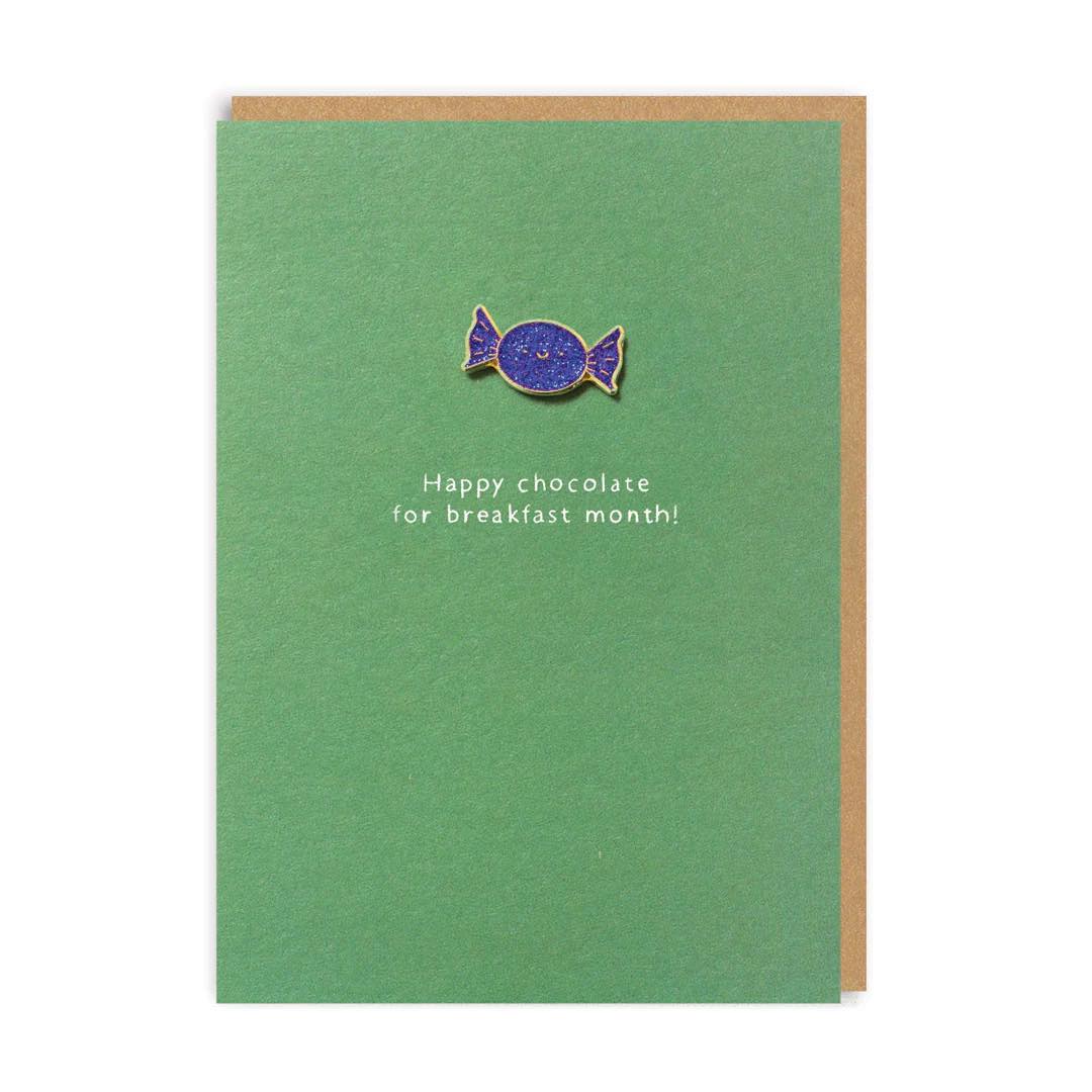 happy chocolate for breakfast month christmas card with humorous festive design and enamel pin