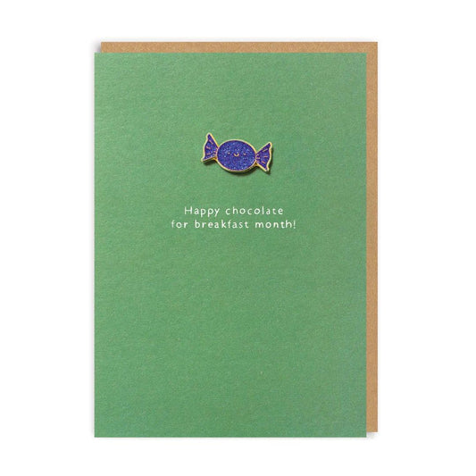 happy chocolate for breakfast month christmas card with humorous festive design and enamel pin