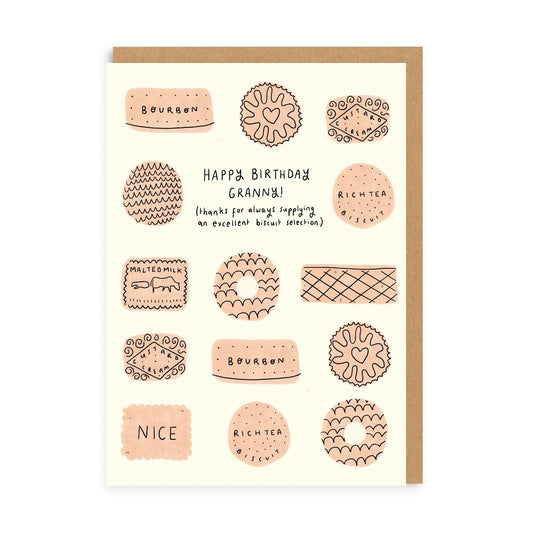 granny biscuits birthday card with playful illustrated design celebrating a fun loving grandma