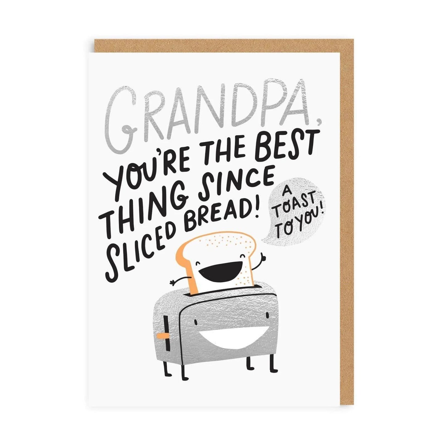 grandpa sliced bread greeting card with silver foil text and recycled kraft envelope