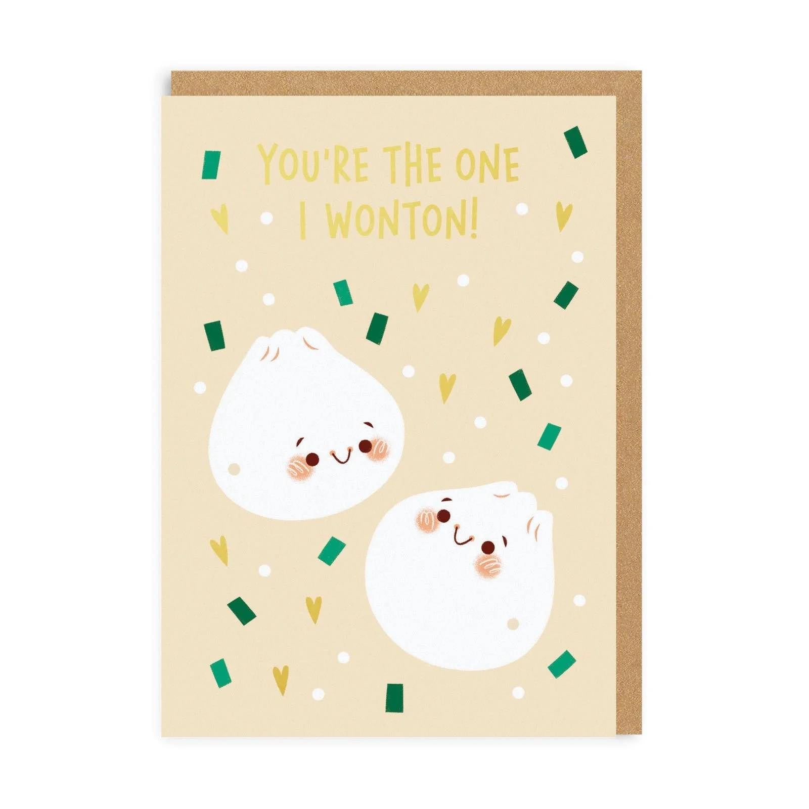 wonton greetings card featuring charming sketches of wontons, a playful and quirky design
