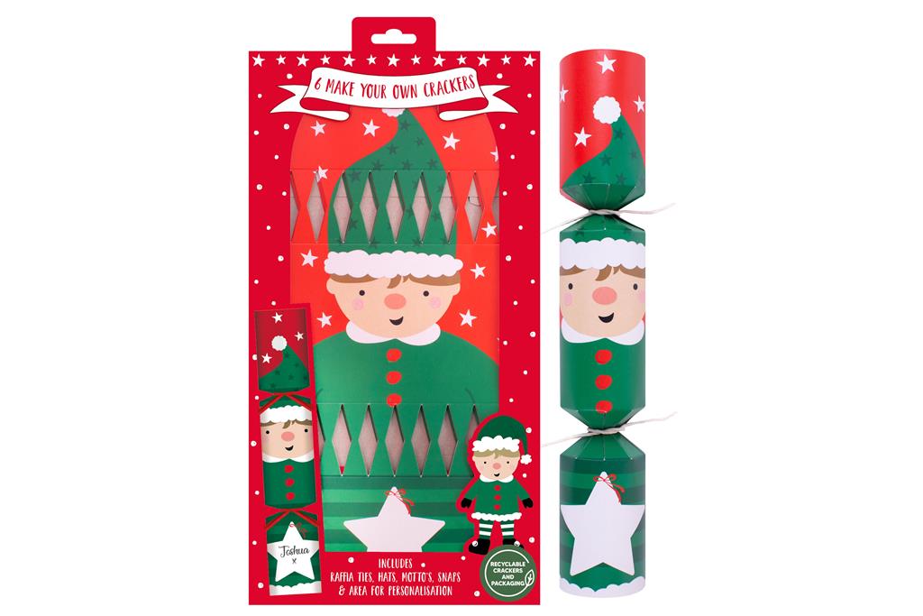 christmas crackers 6 make your own elf green star set, DIY kit with elf design and green star accents, includes ribbons, snaps, hats, and mottos, eco-friendly