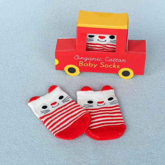 red striped baby socks with cat face design made from organic cotton for newborns up to six months