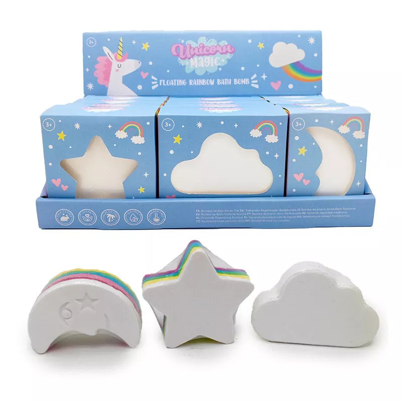 bath bomb unicorn magic rainbow floating design showing all three variants in a retail display box