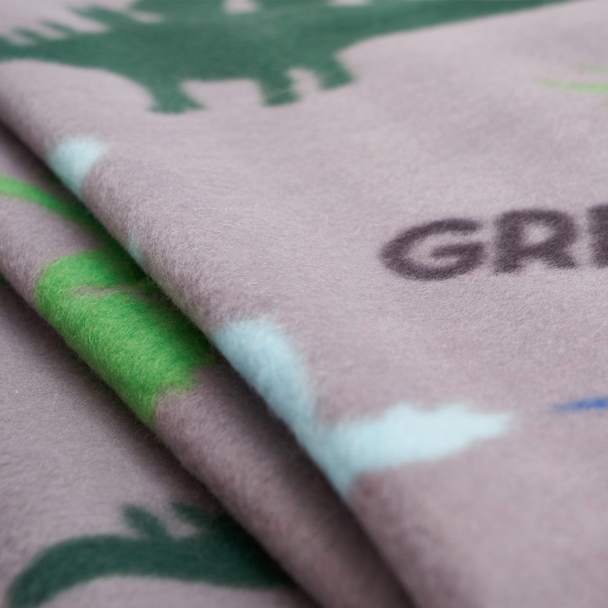 close up of dinosaur fleece throw blanket fabric showing multicolour dinosaur design