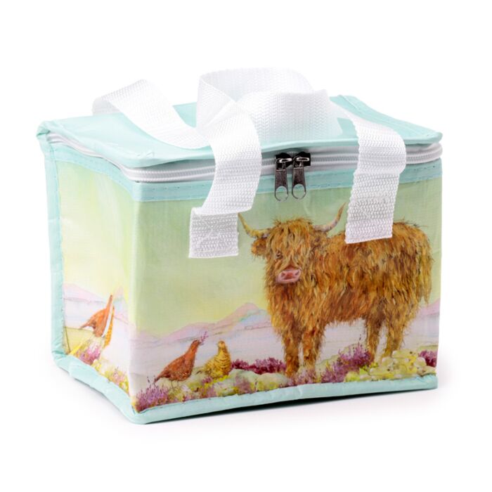 jan pashley highland coo rpet cool lunch bag front view with zip closure