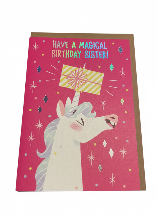 sister birthday greeting card unicorn illustration cute whimsical design blank inside uk made