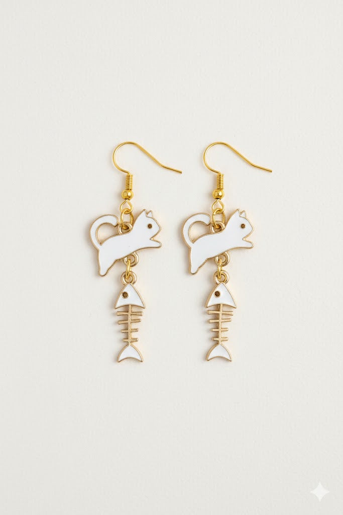 cat and fishbone drop earrings quirky novelty design playful lightweight everyday jewellery