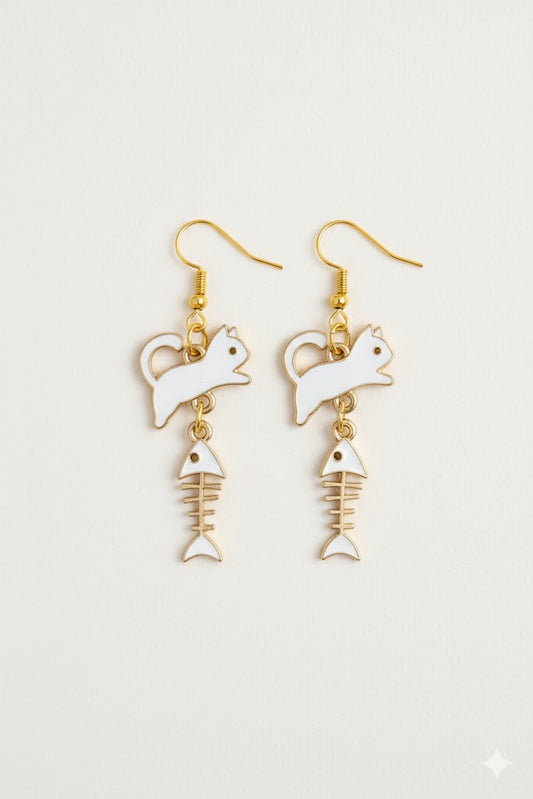 cat and fishbone drop earrings quirky novelty design playful lightweight everyday jewellery