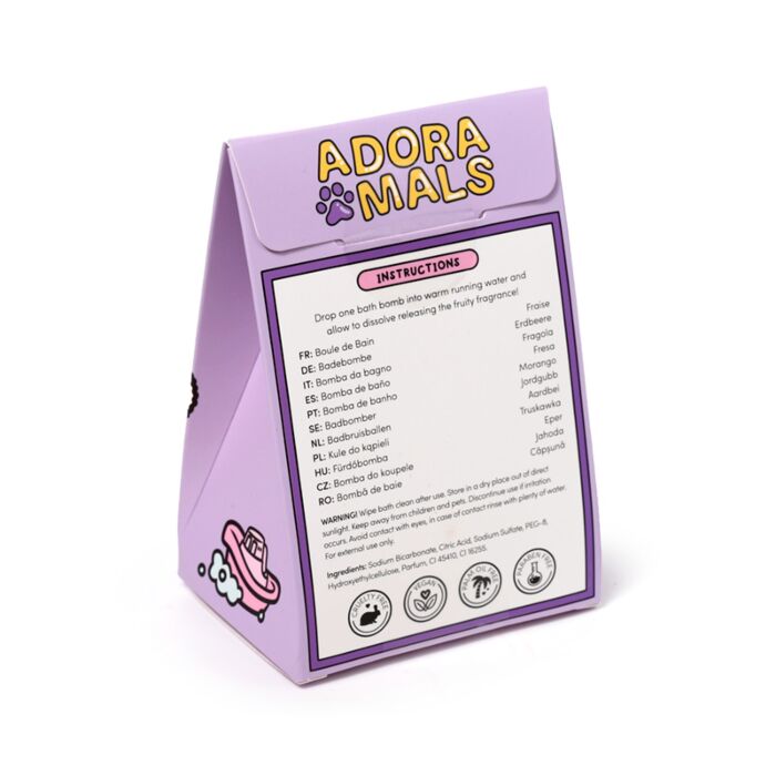 bath bomb adoramals wild gift box showing back of packaging with full ingredient list and product information