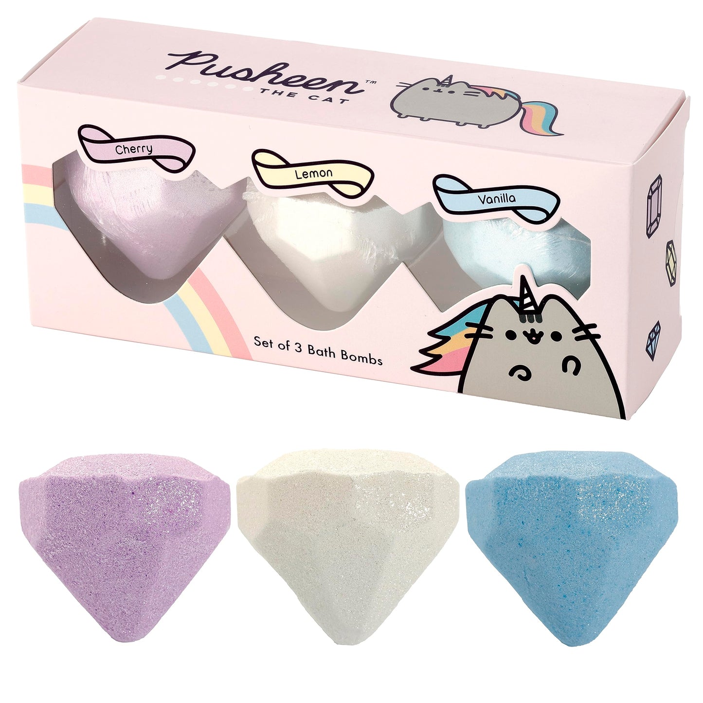 A set of three Pusheen bath fizzers in cherry, lemon, and vanilla fragrances, with packaging featuring Pusheen the Cat and product names.