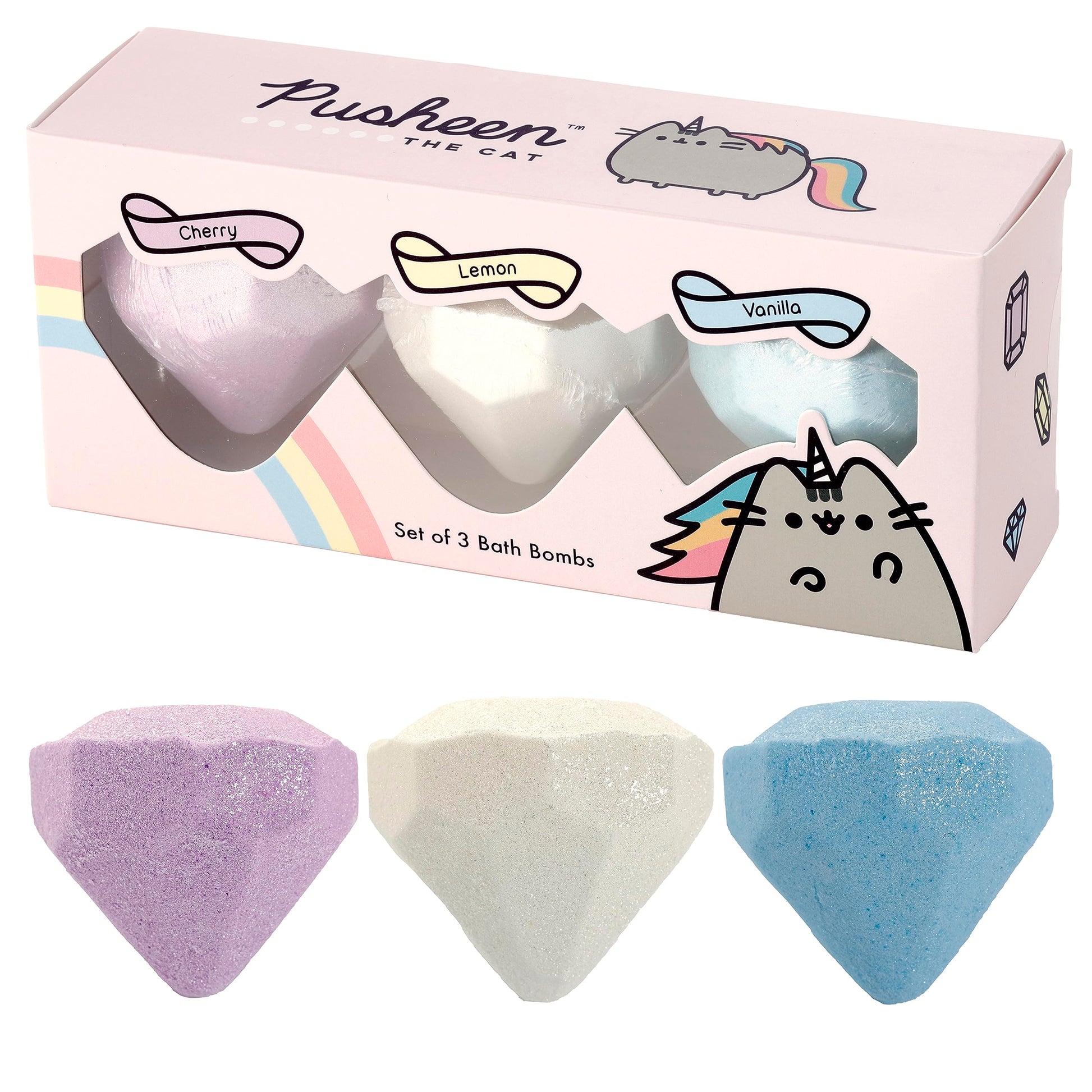 A set of three Pusheen bath fizzers in cherry, lemon, and vanilla fragrances, with packaging featuring Pusheen the Cat and product names.