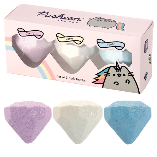 A set of three Pusheen bath fizzers in cherry, lemon, and vanilla fragrances, with packaging featuring Pusheen the Cat and product names.