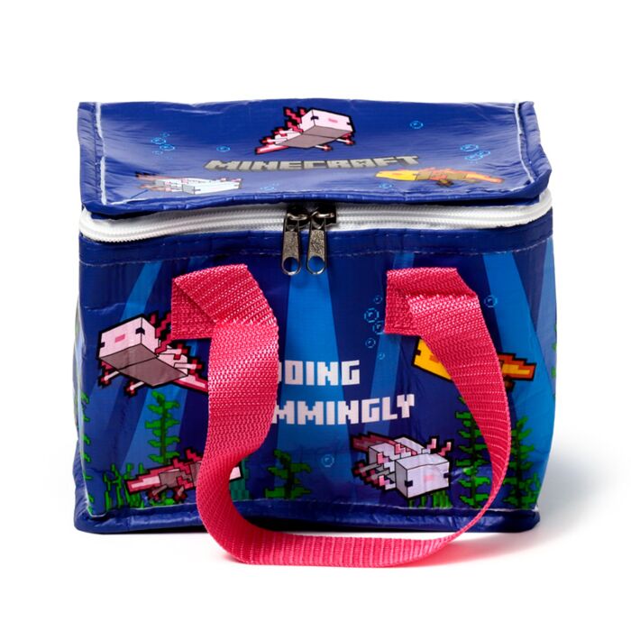 Minecraft Axolotl Insulated Cool Bag Lunch Bag front view with axolotl character
