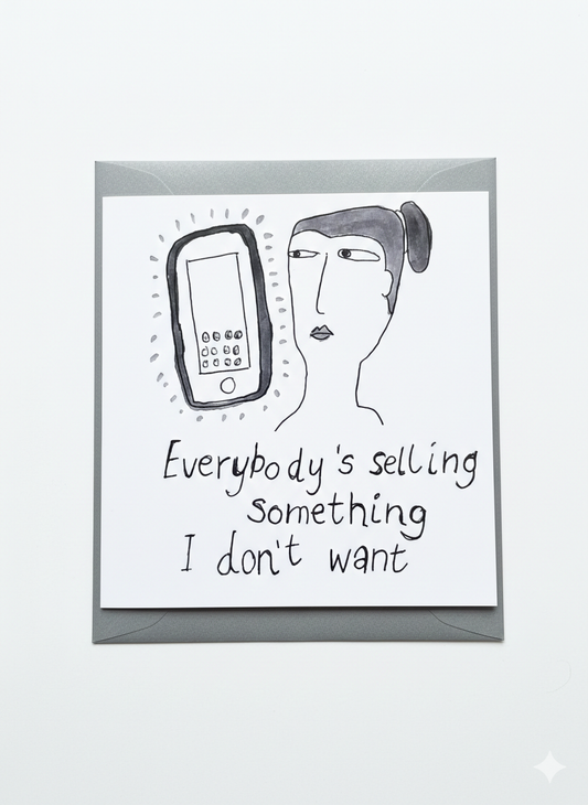 minimalist greeting card woman with telephone illustration subtle humorous design blank inside