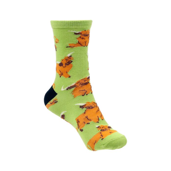 close up of hairy coos highland coo socks showing detailed cow illustration