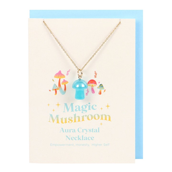 blue mushroom aura necklace displayed on greeting card with envelope ready for gifting