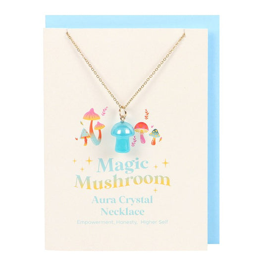 blue mushroom aura necklace displayed on greeting card with envelope ready for gifting