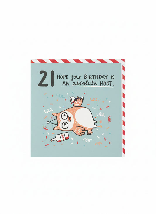 21st birthday greeting card featuring owl and wine design with playful humorous milestone theme