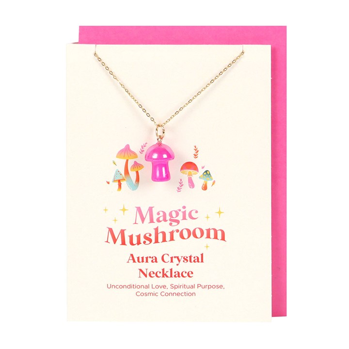 pink mushroom aura necklace displayed on greeting card with envelope ready for gifting