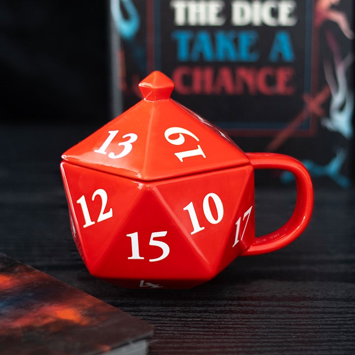 d20 dice ceramic mug with lid on table gaming themed drinkware