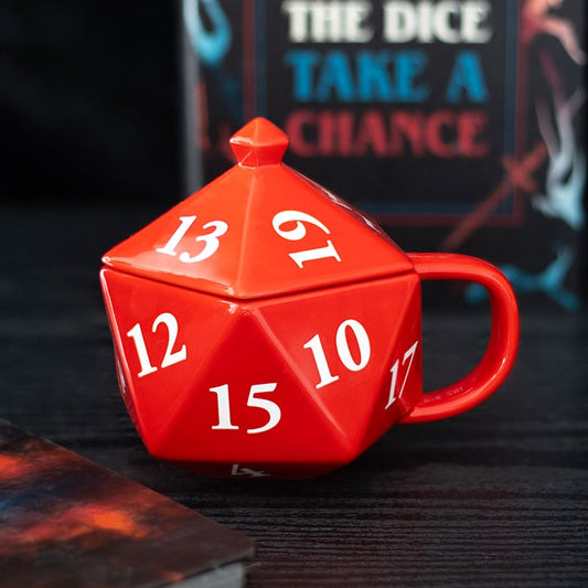 d20 dice ceramic mug with lid on table gaming themed drinkware