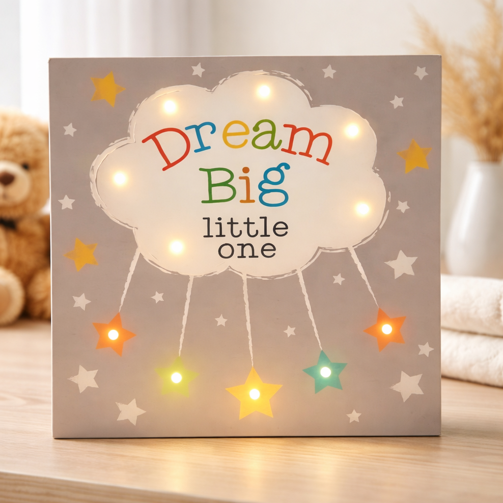 dream big little one led light up sign wooden nursery decor cloud and stars design
