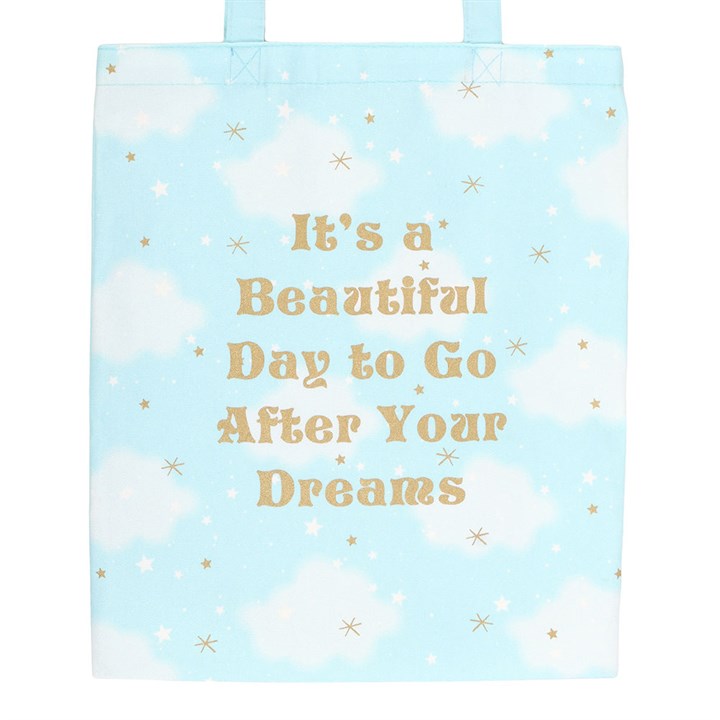 cloud print tote bag close up soft design positive message fabric detail